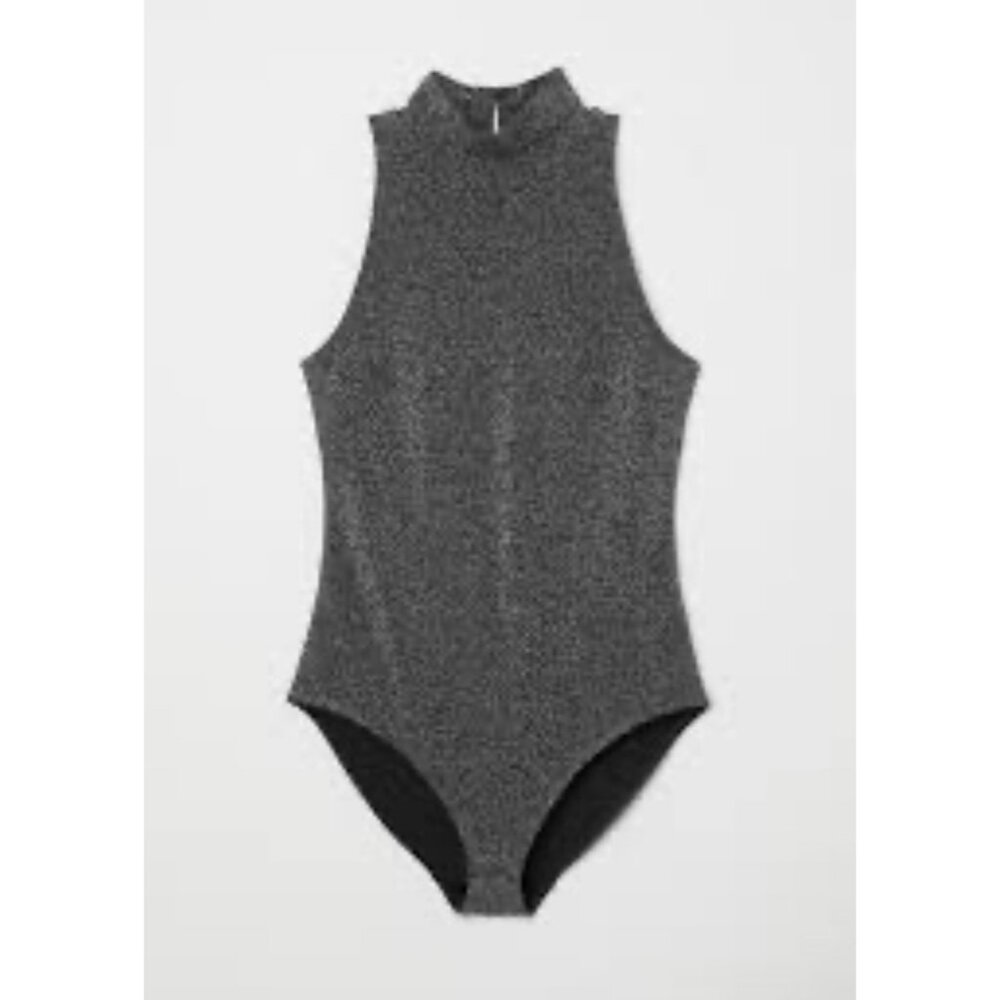 H&M Black Silver Sparkly Mock Neck Sleeveless Bodysuit